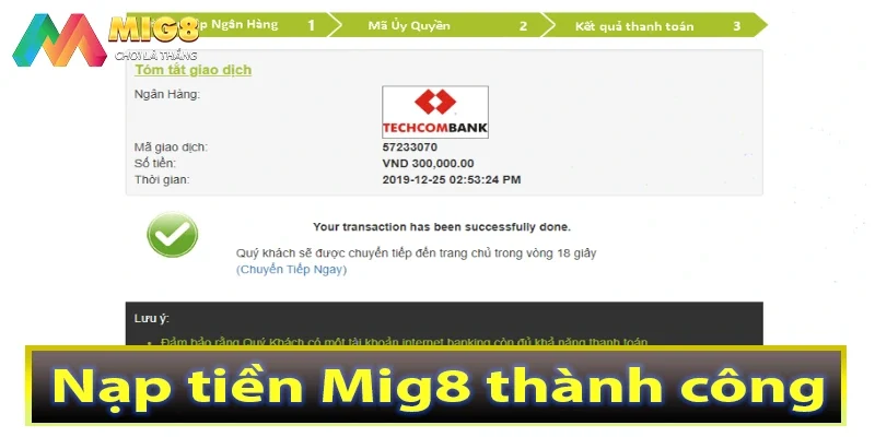 Nạp tiền Mig8 thành công